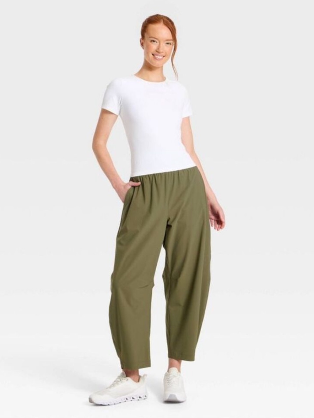 Women's High-Rise Woven Barrel Leg Pants - All In Motion Dark Olive Green L